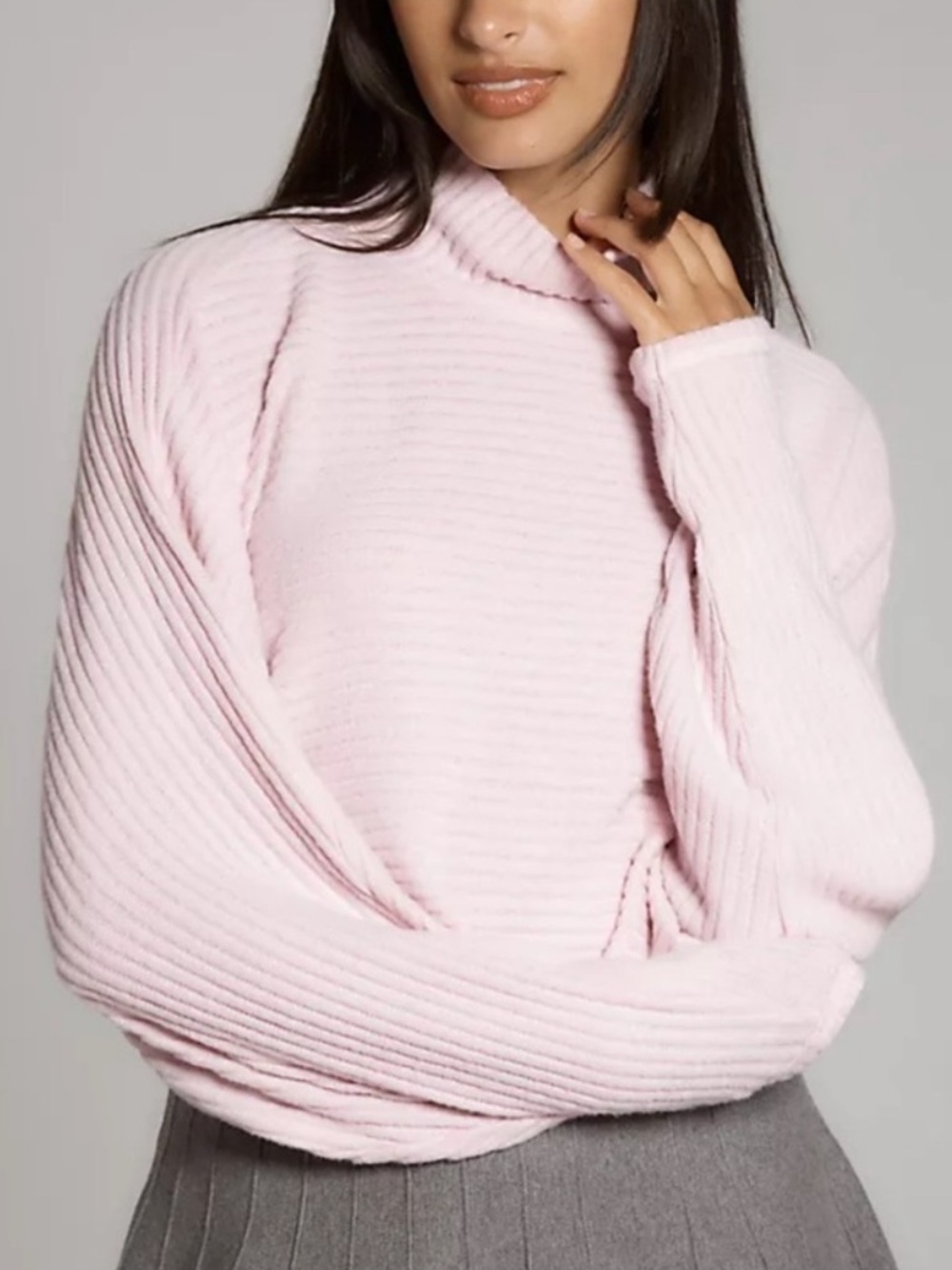 Pilcro Cozy Blush Ribbed High Neck Cropped Batwing Sweater - Picture 2 of 9